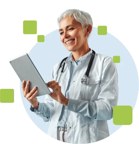 Médica sorrindo e segurando um tablet